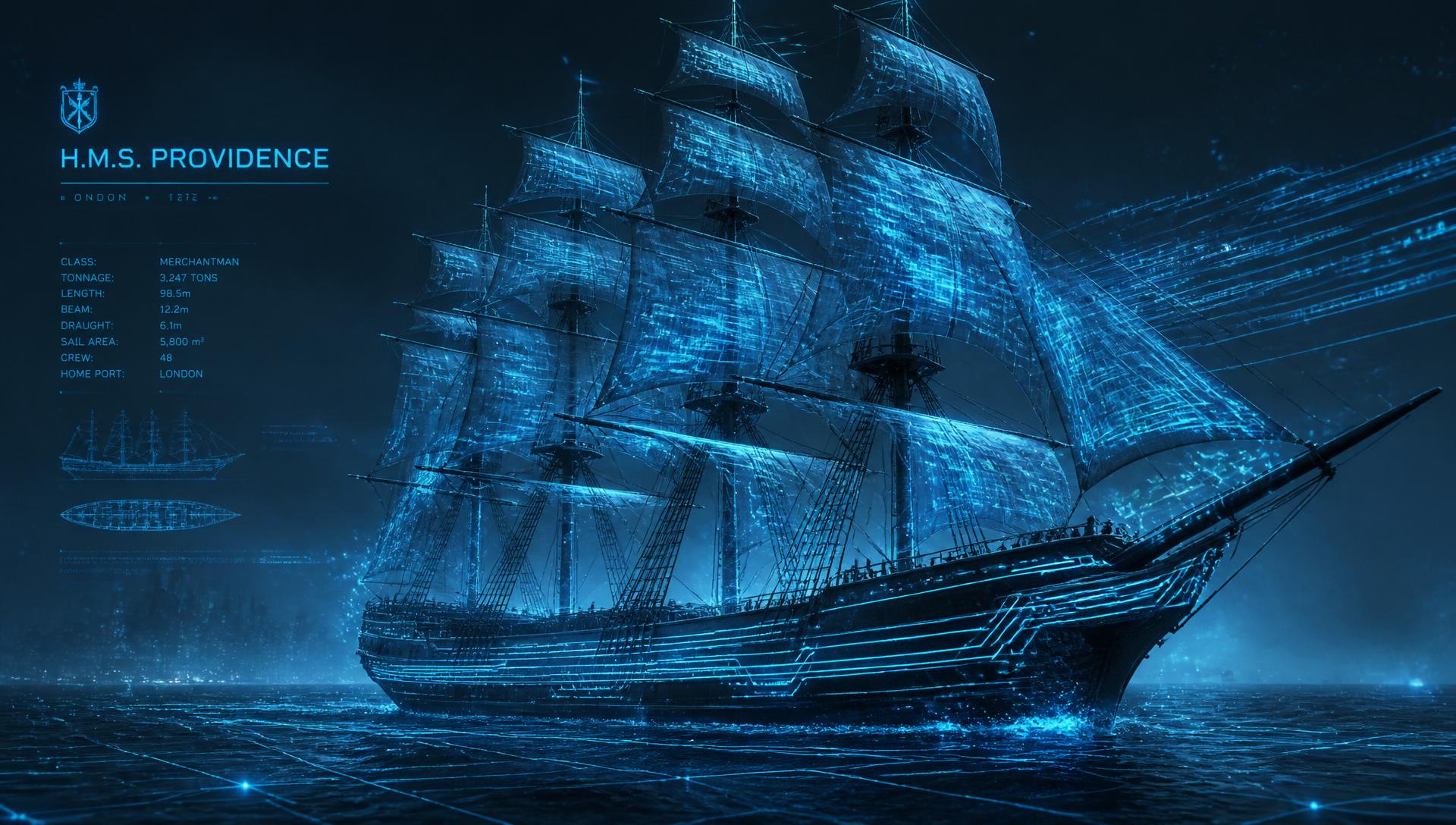 Digitalised English-built merchant ship gliding across a grid of glowing data